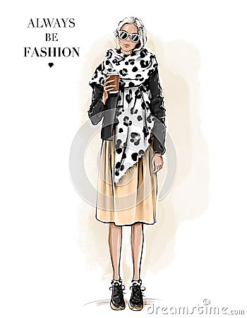 Fashion woman in scarf with leopard print. Girl holding paper coffee cup. Beautiful young woman in sunglasses. Stylish woman look. Cartoon Illustration