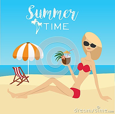 Fashion woman sitting on beach with coconut cocktail over deck chair with umbrella Vector Illustration