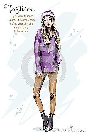 Fashion woman in stylish clothes. Beautiful young woman. Cute girl in knitted hat. Fashion look. Vector Illustration