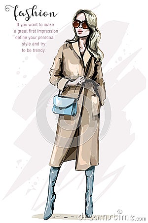 Fashion woman in stylish coat. Beautiful young woman with bag. Elegant girl in fashion clothes. Vector Illustration