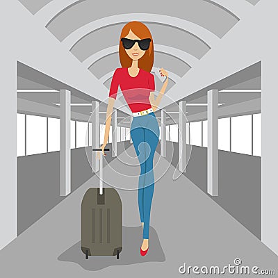 Fashion woman with suitcase walking in airport Vector Illustration