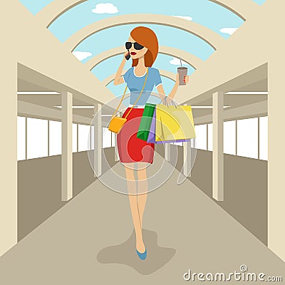 Fashion woman walking with shopping bags talking on the phone in shopping mall Vector Illustration