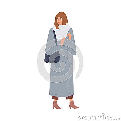 Fashion woman in warm scarf and coat vector flat illustration. Female with handbag demonstrate winter vogue isolated on Vector Illustration