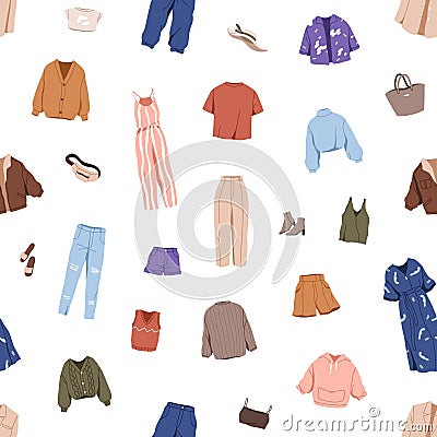 Fashion women clothes, seamless pattern. Modern female apparels, repeating print. Endless background design, spring and Vector Illustration