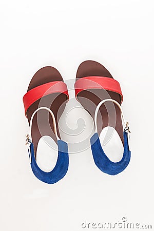 Fashion women's sandals with heels, top view, isolated Stock Photo