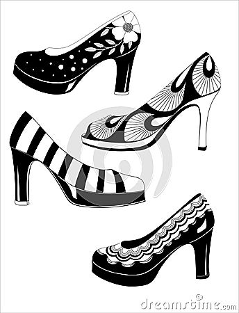 Black-white isolated vector clipart illustration of fashion women decorative shoes Cartoon Illustration