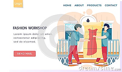 Fashion workshop landing page template designers making model. Dressmakers confer looking at pattern Vector Illustration