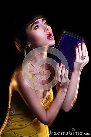 Fashion young brunette model photo editorial, model posing, mixed lightning, long speed Stock Photo