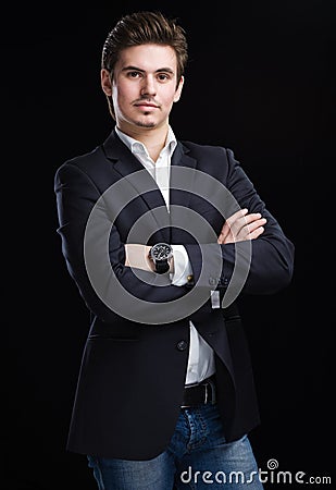 Fashion young businessman black suit Stock Photo