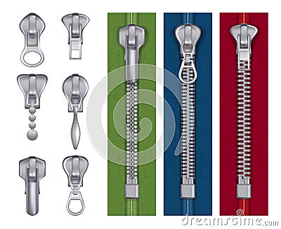 Fashion zipper. Steel fabric tailor items decorative seamstress handbag locks buckles vector realistic illustrations Vector Illustration