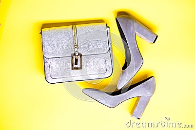 Fashionable accessories concept. Footwear for women with thick high heels and bag, top view. Pair of fashionable high Stock Photo