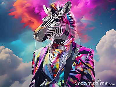Fashionable anthropomorphic portrait of zebra a wearing colorful neon business suit Stock Photo