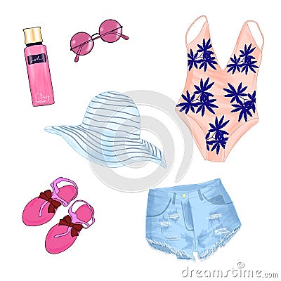 Fashionable beach outfit. Vector Illustration