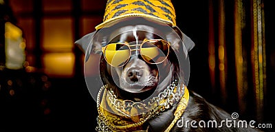 Fashionable beautiful dog wearing sunglasses, bandan and orange jacket. Studio shot Stock Photo