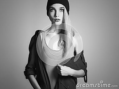 Fashionable beautiful young woman in hat. beauty blond girl in cap Stock Photo