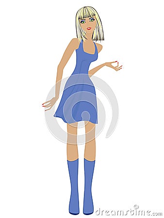 Fashionable blond women in short blue dress Cartoon Illustration