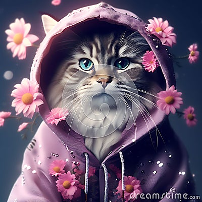 Fashionable Cat: Adorable Feline Wearing Embellished Hoodie with Flowers in 4K Stock Photo