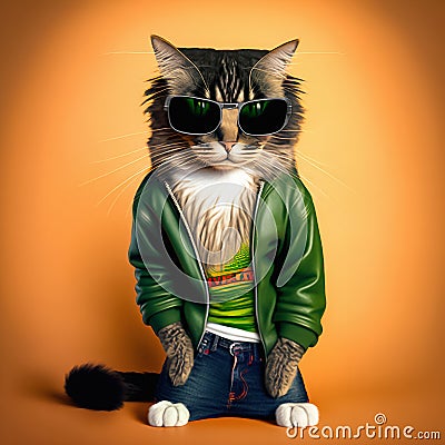 Fashionable cat wearing blue low-rise 90s style jeans, green bomber jacket and dark green sunglasses Cartoon Illustration