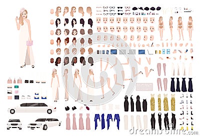 Fashionable celebrity woman animation set or DIY kit. Bundle of body elements, gestures, postures, stylish evening Vector Illustration