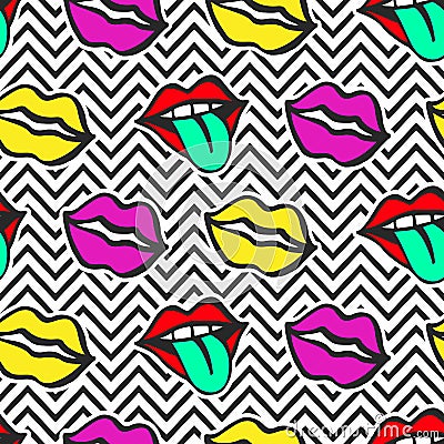 Fashionable colorful lips. Seamless pattern on zig zag background Vector Illustration
