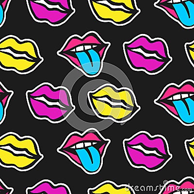 Fashionable colorful mouth lips seamless pattern on black background Vector Illustration