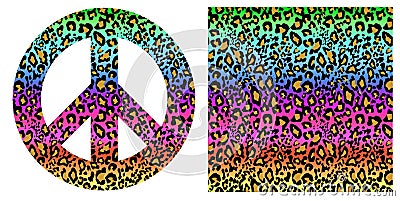 Fashionable colorful seamless background and hippie peace symbol with leopard print. Fashion design for textile, wallpaper, t shir Vector Illustration