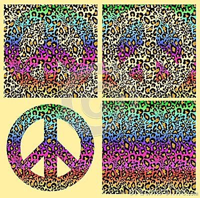 Fashionable colorful seamless backgrounds and hippie peace symbol with leopard print. Fashion design for textile, wallpaper, t shi Vector Illustration