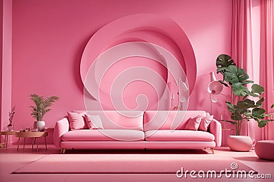 Fashionable comfortable stylish pink fabric sofa on pink background. Generative AI Illustration. Stock Photo