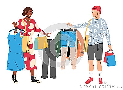 Fashionable Couple Holding Packages with Clothes. Vector Illustration