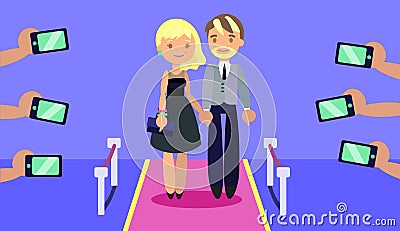 Fashionable couple on red carpet with paparazzi`s hands taking photoes with phones. Vector Illustration