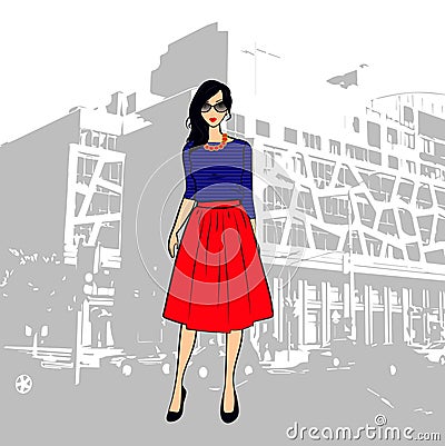 Fashionable cute brunette girl in a striped top and red midi skirt in the city Vector Illustration