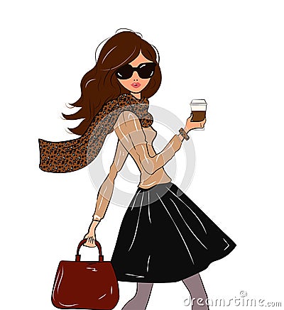 Fashionable cute girl in cravat with leopard print and black midi skirt with a coffee in her hand walking down the Vector Illustration