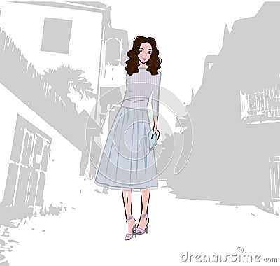 Fashionable cute girl dressed in knitted top and skirt in the city Vector Illustration