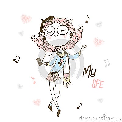 Fashionable cute teen girl in beret and glasses listening to music with headphones. Vector Vector Illustration