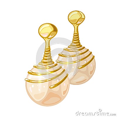 Fashionable dangling spiral shape yellow gold earrings with natural white pearl. Vector Illustration