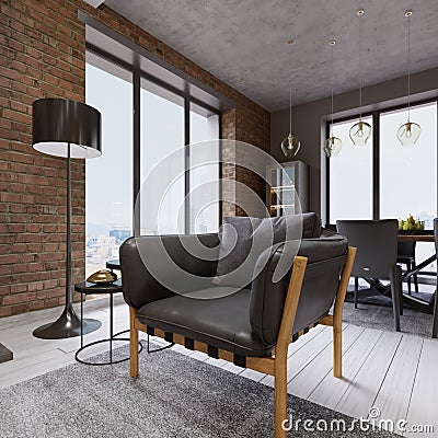 Fashionable designer leather armchair with a black floor lamp in loft-style apartments Stock Photo