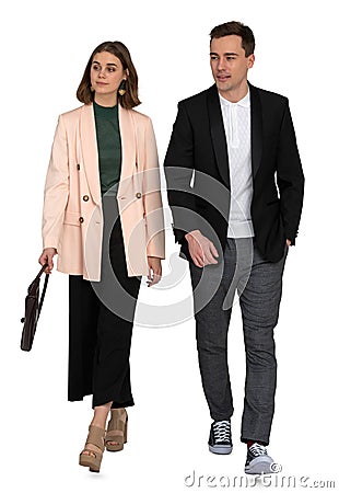 Fashionable couple walking isolated on white background Stock Photo