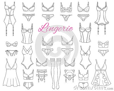 Fashionable female lingerie collection, vector sketch illustration. Vector Illustration