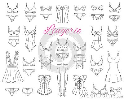 Fashionable female lingerie collection, vector sketch illustration. Vector Illustration