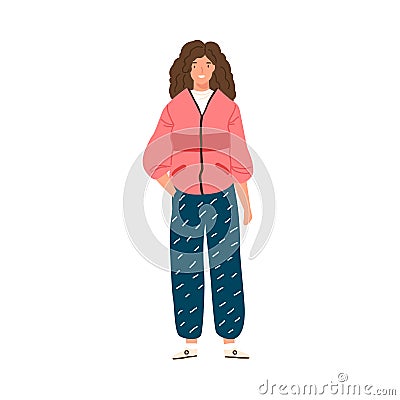 Fashionable female in 80s street style vector flat illustration. Trendy woman in outfit of 1980 wearing casual pants and Vector Illustration