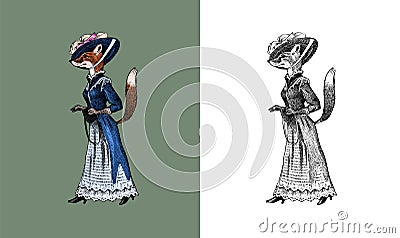 Fashionable fox in clothes. Antique lady. Victorian dame. Ancient Retro Clothing. Woman in dress. Vintage engraving Vector Illustration