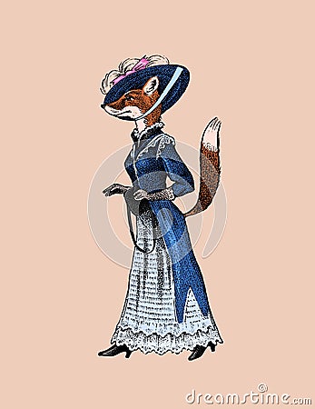 Fashionable fox in clothes. Antique lady. Victorian dame. Ancient Retro Clothing. Woman in dress. Vintage engraving Vector Illustration