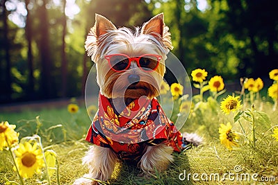 Fashionable furry friend: Yorkshire terrier in outdoor attire Stock Photo