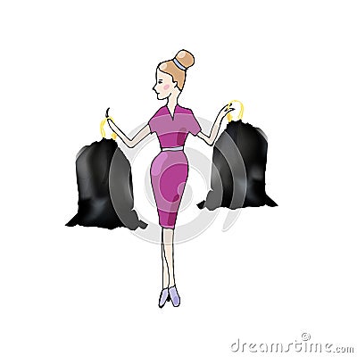 Fashionable girl with bags with garbage on white background Vector Illustration