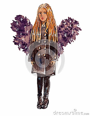 Fashionable girl with blond hair and purple star wings Stock Photo