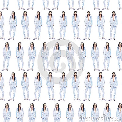 Fashionable girl in blue silk pantsuit on white seamless background watercolor Stock Photo