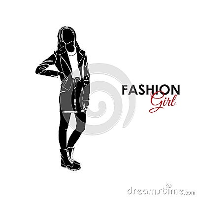 Girl. Fashion. Silhouette of a girl. Girl in a denim skirt and denim jacket Vector Illustration