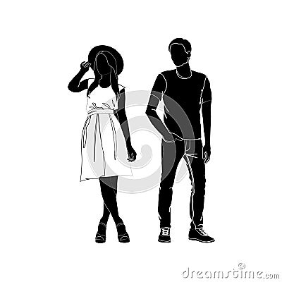 Fashionable girl and guy vector. Fashion. Boy and girl silhouette vector. Fashionable young couple. Girl in a dress and a straw Vector Illustration