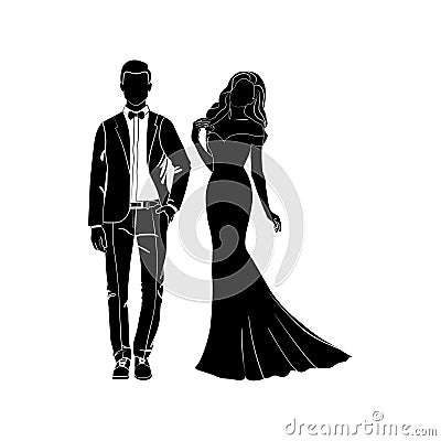 Fashionable girl and guy vector. Fashion. Man and woman silhouette vector. Fashionable young couple. Girl in a long evening dress. Vector Illustration