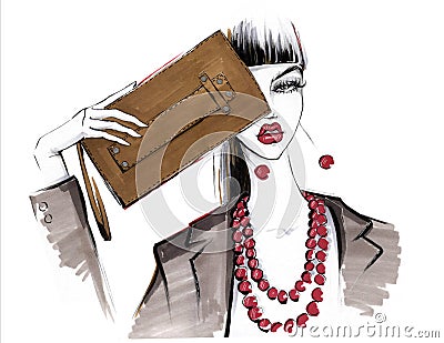 Fashionable girl with a handbag. Cartoon Illustration